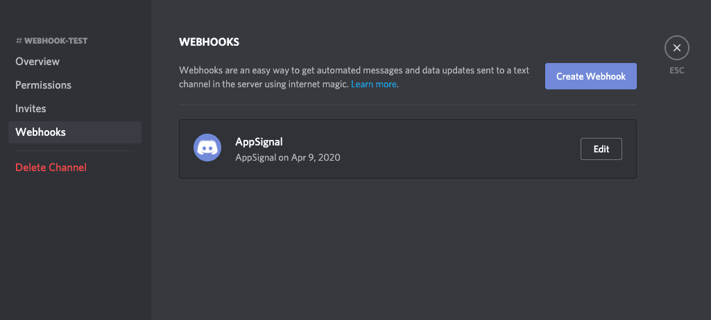 Screenshot of Discord webhooks page