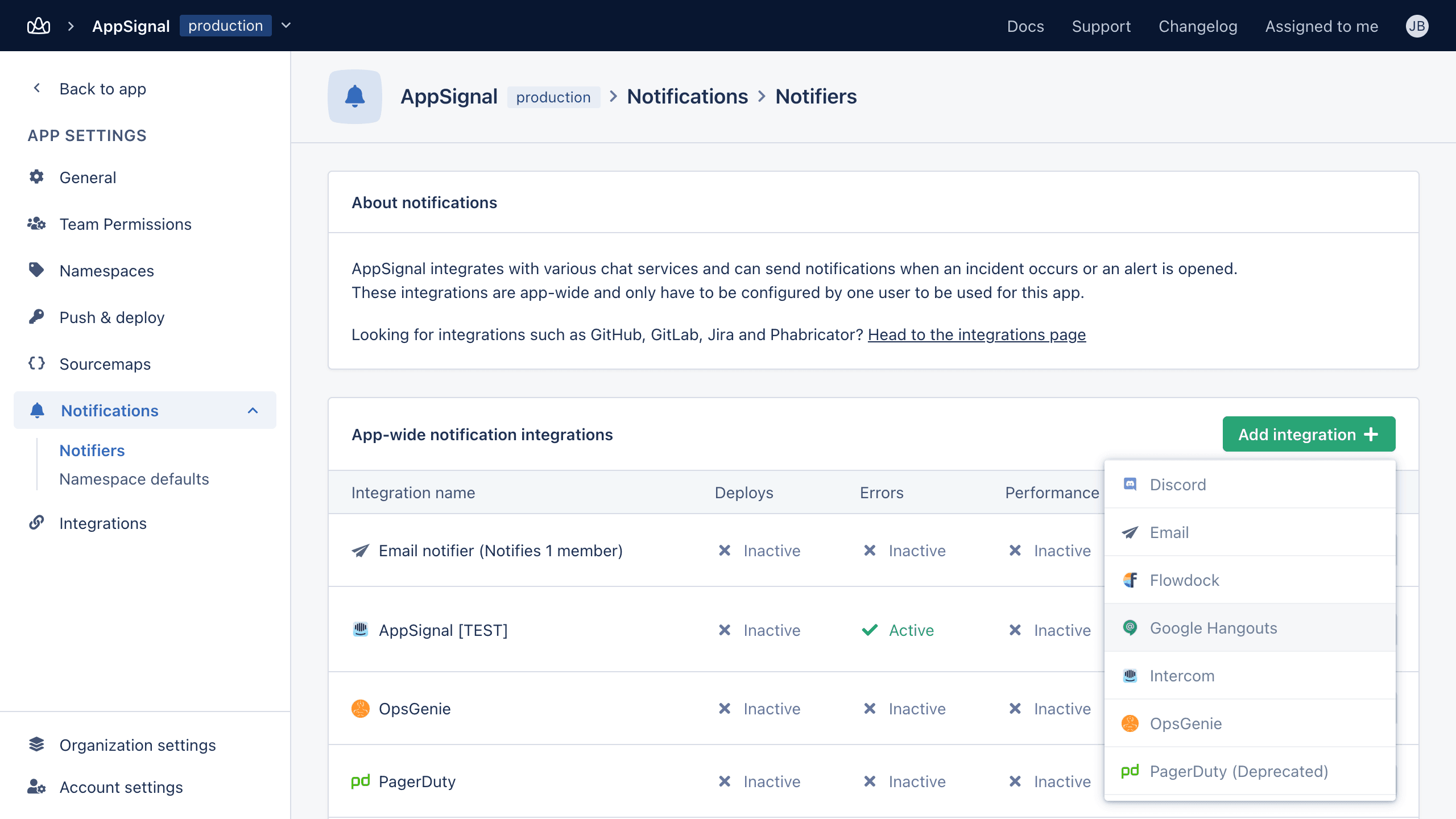 Hangouts integration on AppSignal